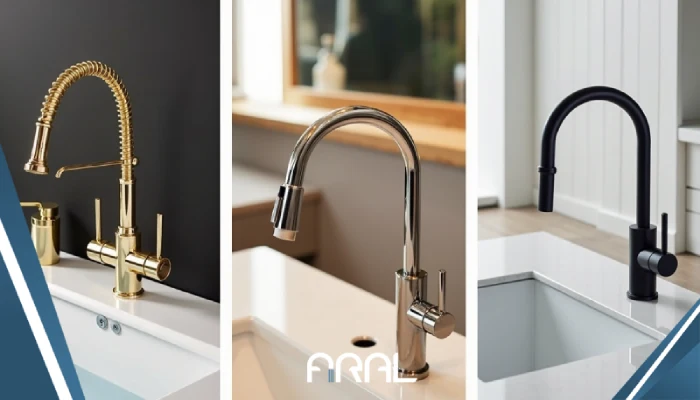 نمایی از شیرآلات طلایی، کروم، مشکی و سفید در دکوراسیون مدرن، کلاسیک و صنعتی